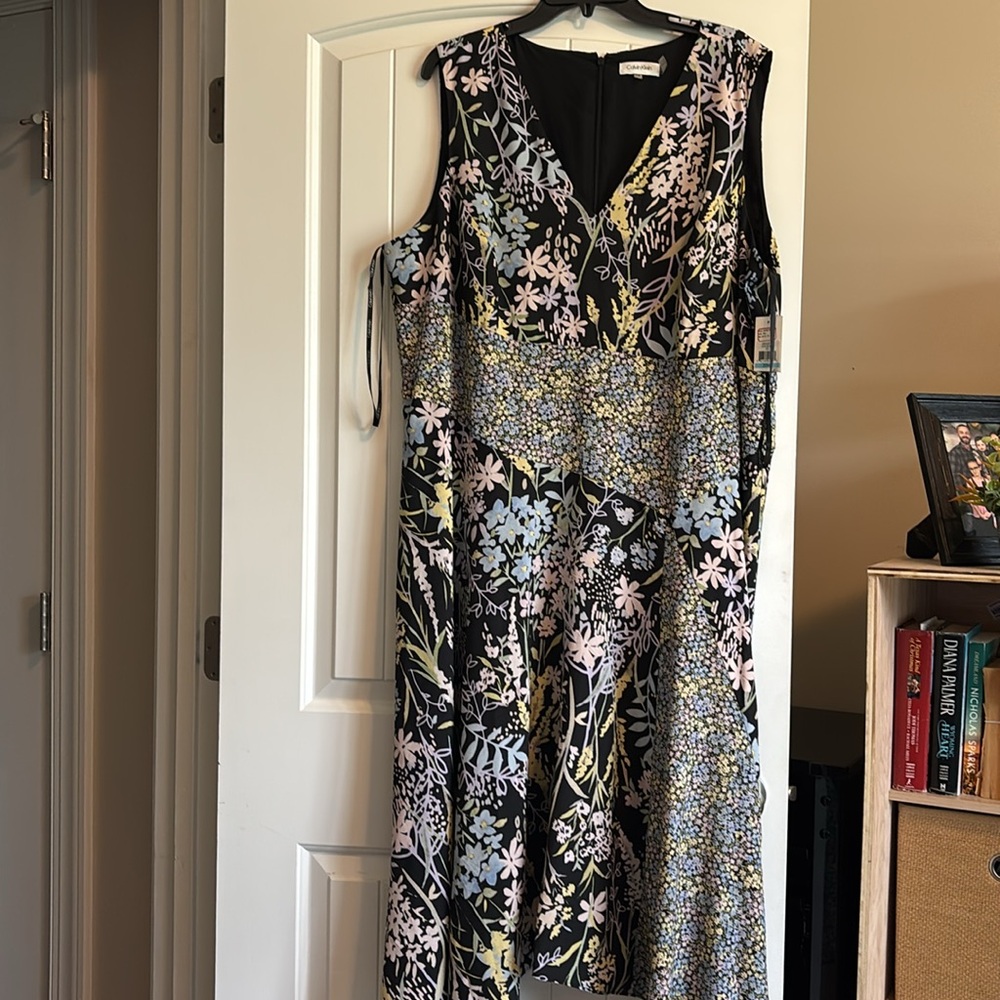 Calvin Klein Black Floral Maxi Dress with Pastel Pink Blue and Yellow Accents